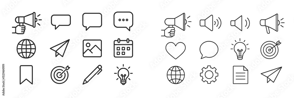 Aufkleber various icons representing communication, creativity, and planning in a minimalist design suitable f