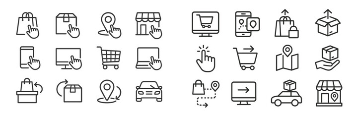 Variety of shopping and delivery icons representing e-commerce and retail activities in urban settings