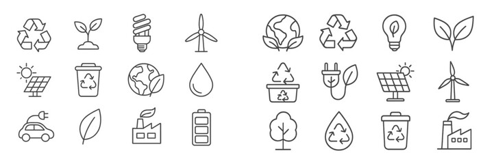 Icons representing sustainability and eco-friendly concepts featuring recycling, renewable energy, and nature