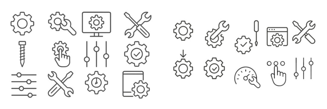 Various icons illustrating tools, gears, and settings depicted in a minimalistic design for technology and maintenance themes