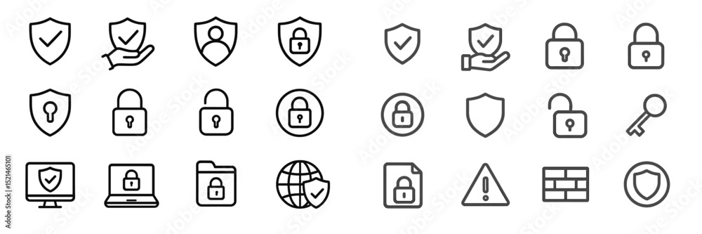 Poster Collection of security icons featuring shields, locks, and check marks in a minimalist design for digital protection concepts
