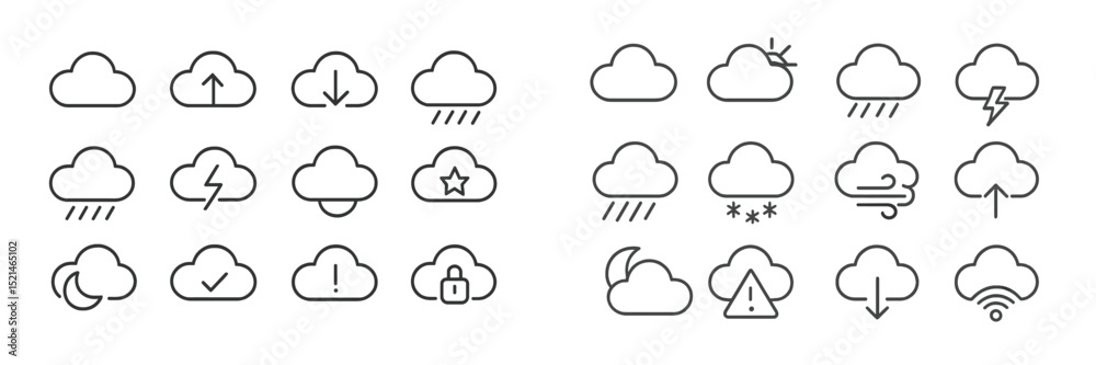 Poster Various cloud icons representing different weather conditions and alerts displayed on a light background