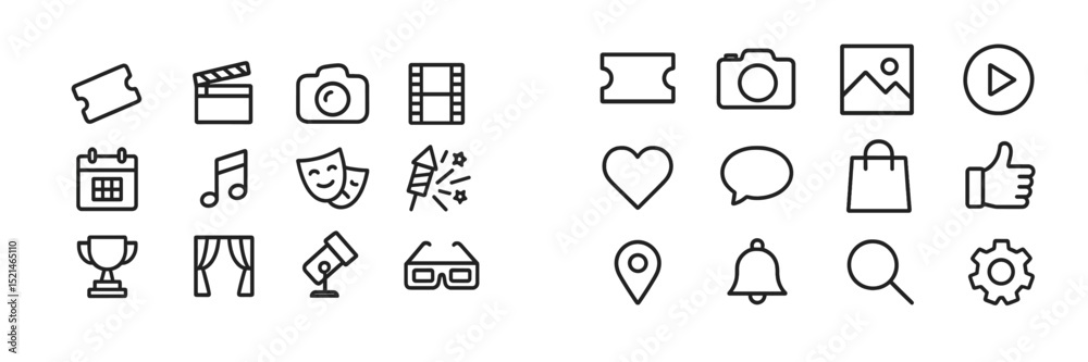 Poster Collection of simple line icons representing various entertainment and media activities and elements on a white background
