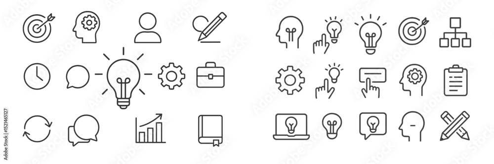 Poster Collection of simple line icons illustrating ideas, business concepts, and productivity tools for creative projects