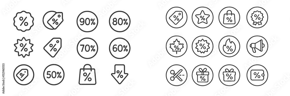 Poster discount icons representing various percentages on sales and promotions in a minimalistic design