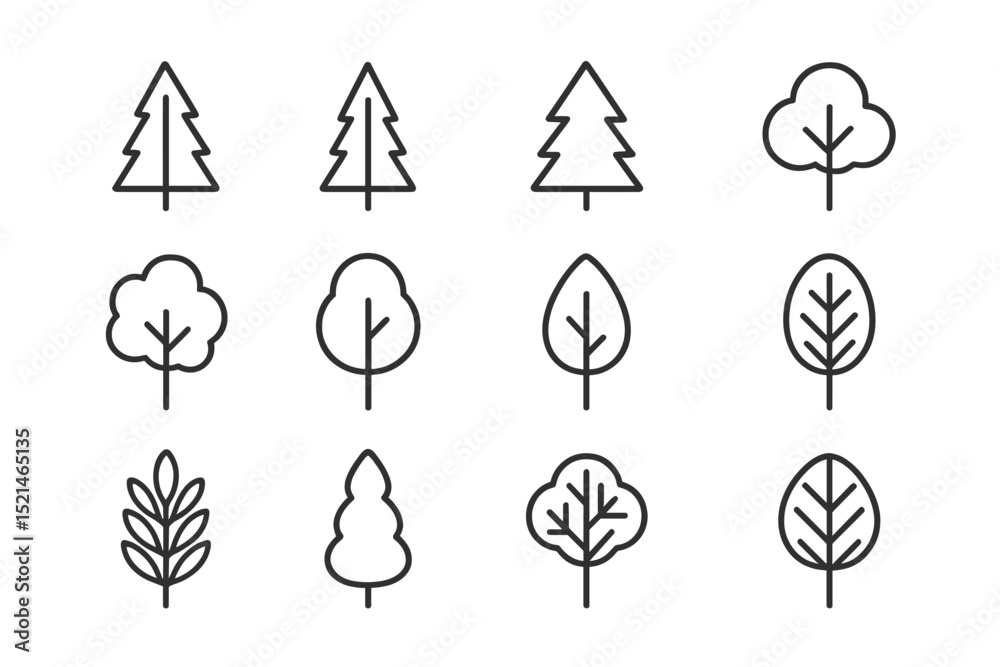 Poster Line drawing collection of various tree shapes and types arranged in a grid pattern displaying nature's diversity