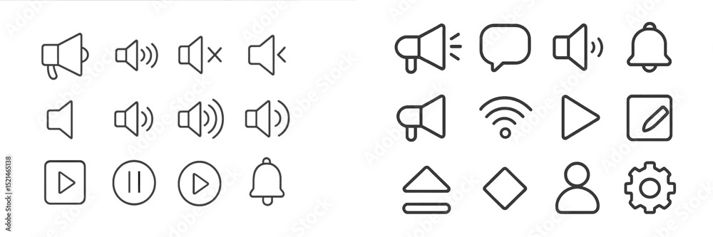 Poster sound and notification icons arranged in a grid for user interface design