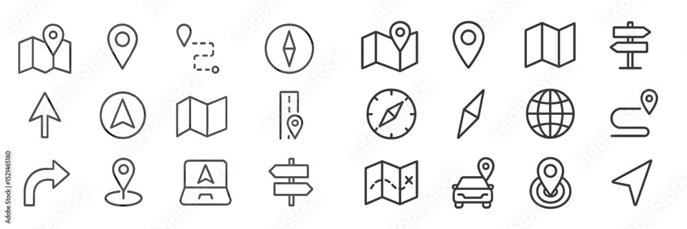 Poster Collection of map and navigation icons illustrating various elements of wayfinding and location tracking
