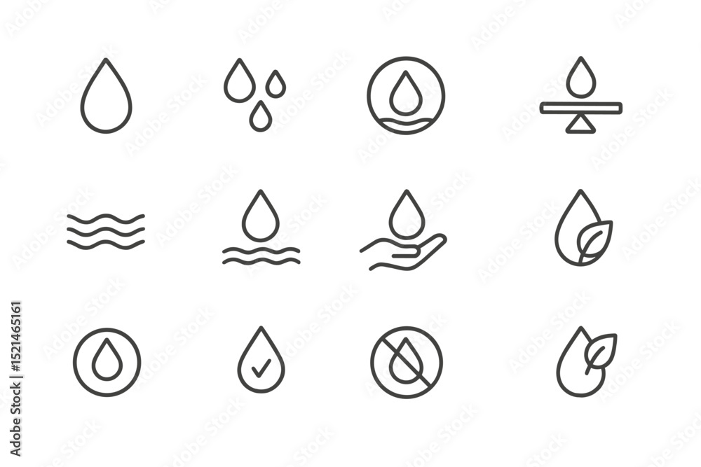 Poster various water drop icons representing different concepts related to hydration, nature, and balance i