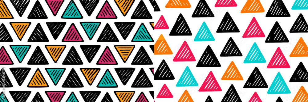 Poster Colorful geometric patterns featuring triangles in contrasting colors on a black and white background