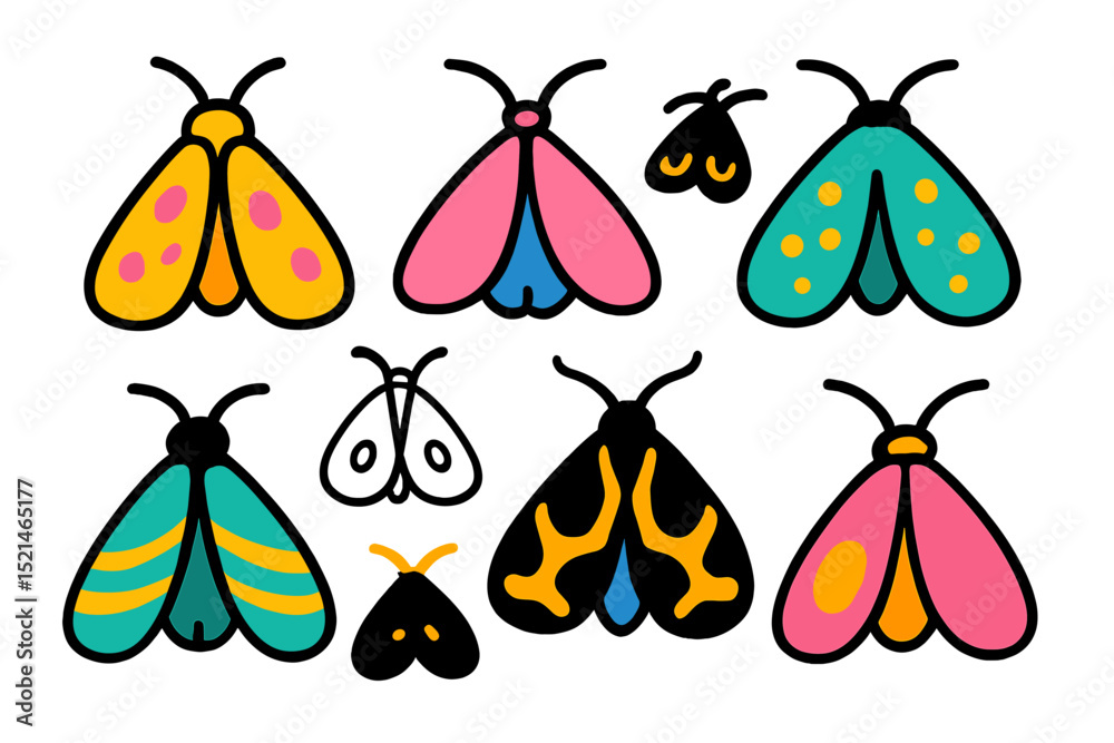 Poster colorful and playful illustrations of various butterfly and moth designs showcasing vibrant patterns