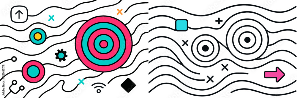 Aufkleber Colorful abstract design featuring concentric circles and geometric shapes with flowing lines in a modern style