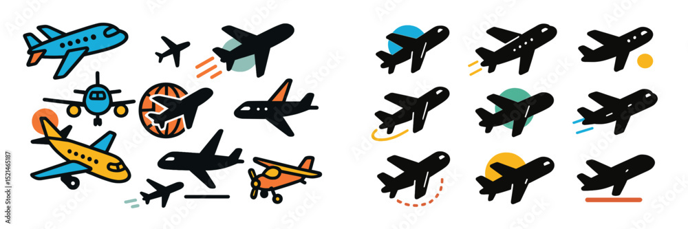 Poster colorful illustrations of various airplanes representing air travel activities and experiences in a 