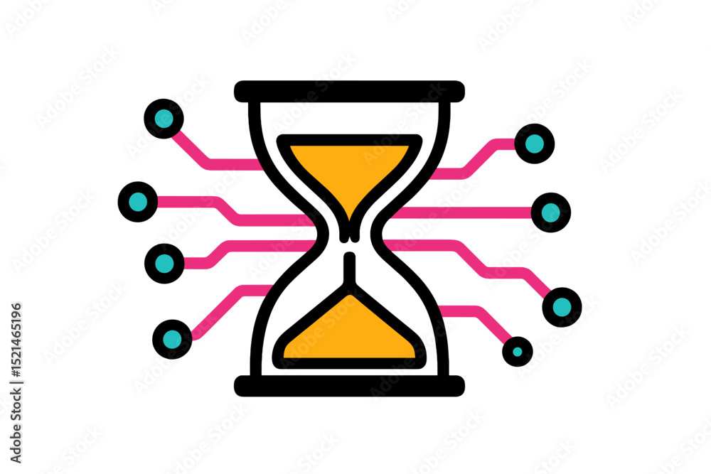 Poster digital hourglass representing the passage of time with circuit-like connections for modern illustra