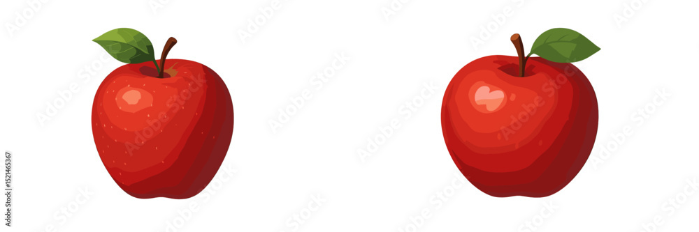 Poster two shiny red apples with green leaves on a plain background showcasing their fresh appearance and v
