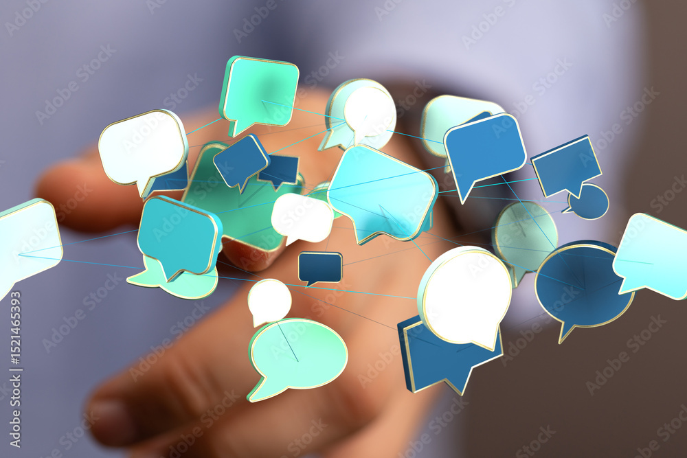 Poster abstract image of interconnected speech bubbles, symbolizing global communication and networking.