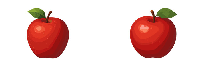 Two shiny red apples with green leaves on a plain background showcasing their fresh appearance and vibrant color