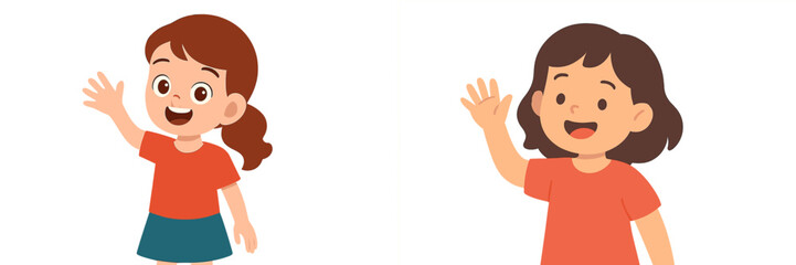 Two cheerful girls waving hello in colorful outfits during a sunny afternoon playtime