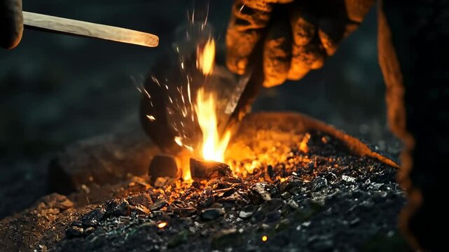 Close-up of a fire being stoked with a wooden stick