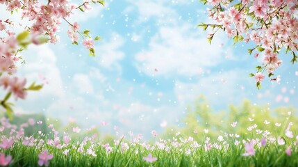 Obraz na płótnie Canvas A serene spring landscape with cherry blossoms and green grass under a blue sky with white clouds.