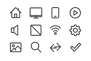Collection of minimalistic icons representing home, media, connectivity, and settings in a modern design style