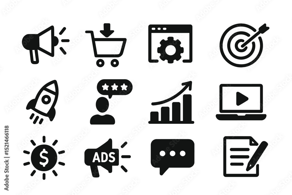 Poster icons representing digital marketing concepts and strategies, illustrating important elements of the