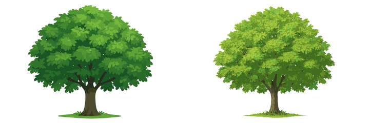Two distinct trees showcasing different shades of green in a simplified artistic style