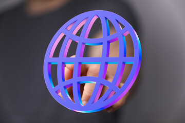 Abstract image of a hand holding a vibrant 3D globe icon, symbolizing global connectivity and networking.