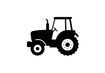 Obraz premium A black silhouette of a tractor with large tires and a cab on a plain white background illustration