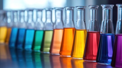 A row of colorful beakers filled with different colored liquids, arranged in a neat row on a table.