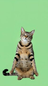 funny yawning cat with paws up, adorable funny yawning cat stretching paws, wild expression of funny yawning cat on green background