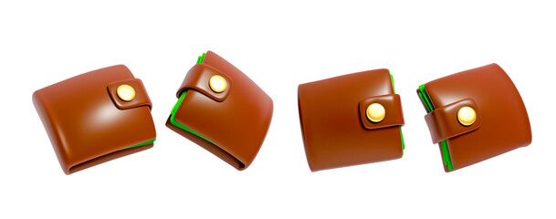 Brown Leather Wallet with Button Closure 3d render illustration icon set