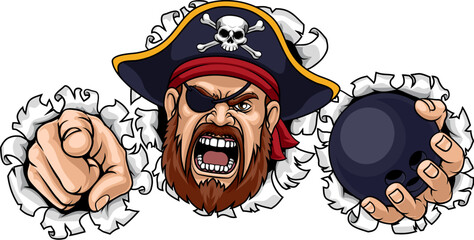 A Pirate man holding Bowling ball and pointing sports team cartoon charcater mascot illustration.