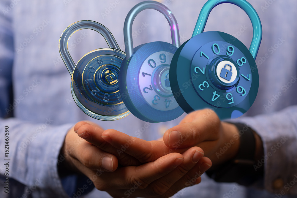 Poster Image of three digital combination locks floating above hands, representing data security and protection.