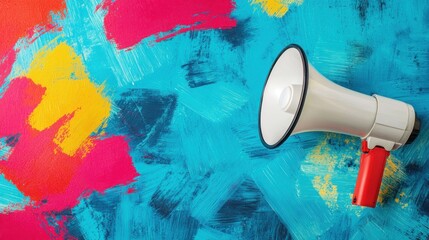 A white megaphone with a red handle on a colorful, abstract background with various colors and textures.