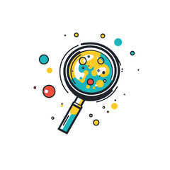Magnifying Glass with Yellow and Blue Accents Surrounded by Colorful Spots on White Background