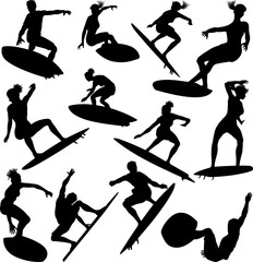 Surfer surfboard boarding male and female surfers surfing silhouette outlines. Men and women surf set design concept.