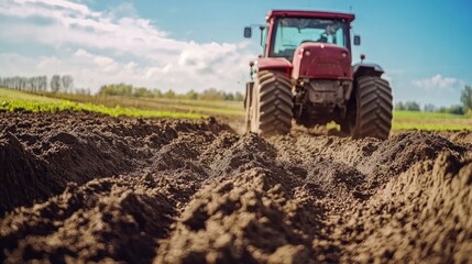 Obraz premium A red tractor plowing a field with green grass and trees in the background.