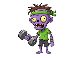 Undead Fitness Cartoon Zombie Lifting Weights, Spooky Halloween Fitness Illustration