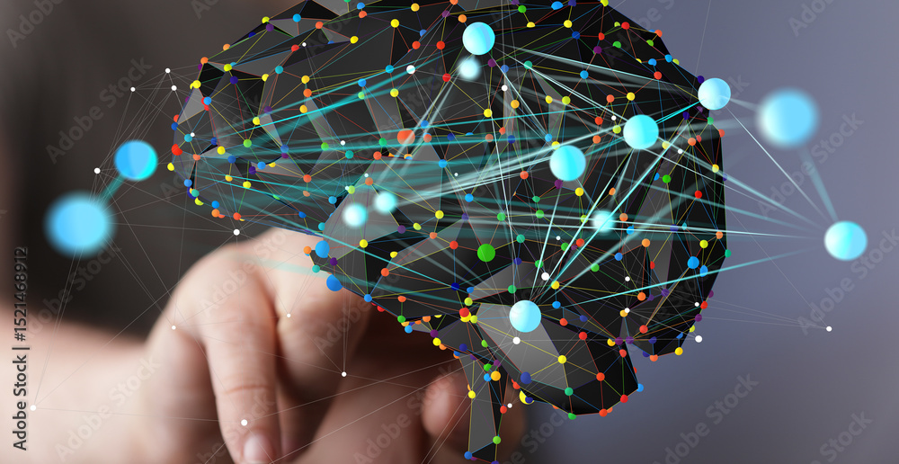 Poster digital brain visualization. ai, neural networks, and brain connectivity concept.
