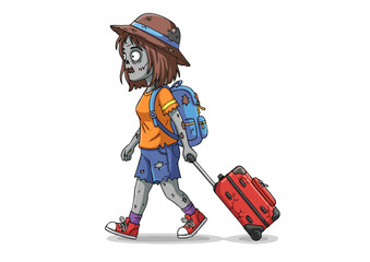 Obraz premium Undead Explorer A Zombie Girl's Globetrotting Adventure – Spooky Travel Illustration