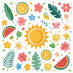 Vector simple flat illustrations and icons, geometric summer pattern and banner, vacation and tropical travel, flowers and plants simple shapes, festival and sale posters