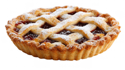Freshly baked pie cooling on a kitchen counter, featuring a lattice crust and sprinkled with powdered sugar, isolated on a transparent background