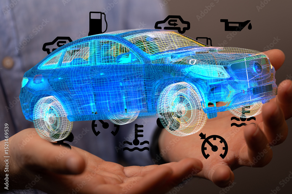 Poster person holding a digital 3d model of a car with various diagnostic indicators.