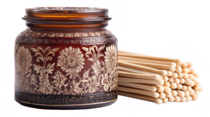 Brown transparent jar with floral pattern filled with handmade candle and accompanied by wooden wicks, isolated on transparent background, creating a cozy and aromatic atmosphere