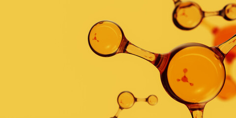3d Abstract golden glass molecular structures. Cosmetic collagen serum, essence oil, vitamin, hyaluronic acid for skin care. Healthcare concept
