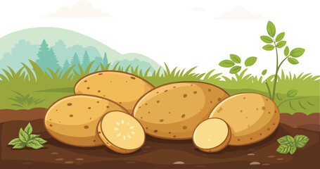 Potato Illustration with Natural Background Elements for Food or Agriculture Designs