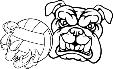 A bulldog dog volleyball animal sports mascot holding a volley ball in his claw