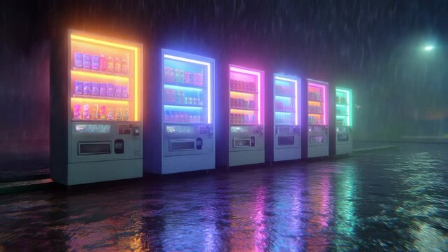 Colorful Vending Machines Illuminated by Neon Lights During Rainy Night in Urban Environment