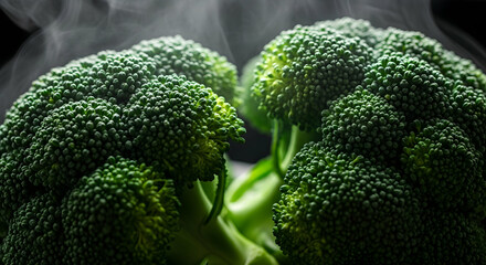 Steaming Fresh Broccoli Crowns on Black Background Close Up